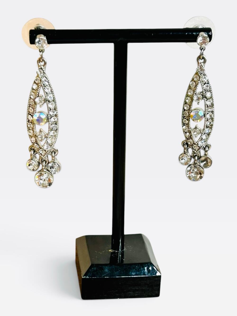 Crystal Chandelier Drop Earrings Pave Rhinestones AB Center Silver Tone